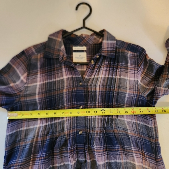 American Eagle Purple Plaid Flannel Pullover Long Sleeve Shirt Top Babydoll - Picture 6 of 6